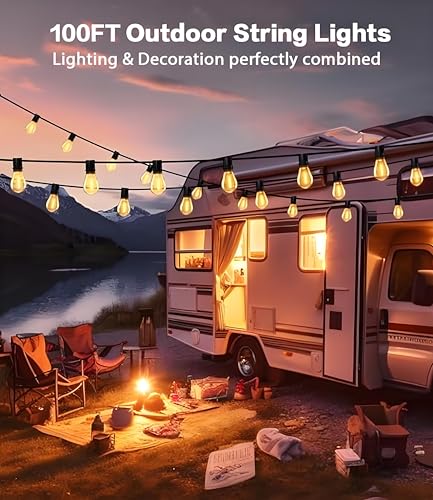 Tenmiro 100FT LED Outdoor String Lights with Remote, 35+ 1 Shatterproof Bulbs Waterproof and Dimmable Patio Lights for Porch, Garden, Backyard, Deck, Balcony, 2700K Hanging Lighting - size: 100FT-Remote