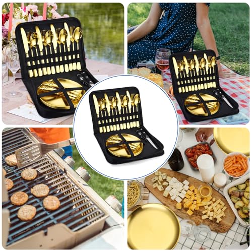 Camping Silverware Kit Cutlery Organizer Utensil Picnic Set Stainless Steel Plate Spoon Clip and Serrated Knife Wine Opener Fork Napkin Hiking - Camp Kitchen BBQ’s - color: Camping Silverware Set-24set-Gold