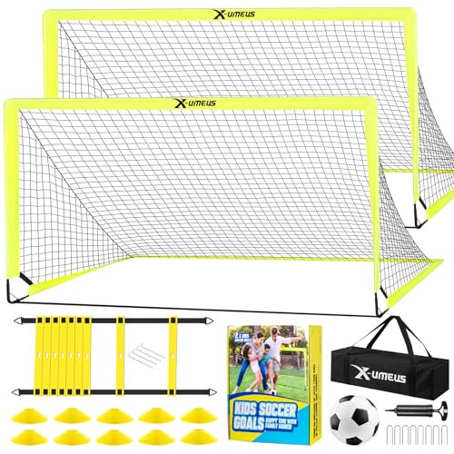 Kids Soccer Goals for Backyard Set of 2, 4 x 3 ft/6 x 4 Toddler Soccer Goal Training Equipment with Soccer Ball, Cones, Pop Up Soccer Net for Kids Age 3-5 4-6 6-8 8-12 10-12 Outdoor Games Sports Gifts - color: Optic Yellow, style: 6' x 4'