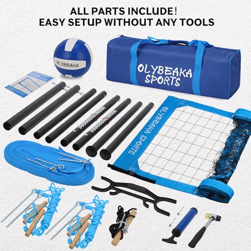 Professional Outdoor Volleyball Net Set for Backyard Beach with 1.7" Aluminum Poles, 45-ply HDPE Net, PU Volleyball and Pump, Boundary Line, Large Carry Bag - Anti-sag & Easy Setup - color: Blue