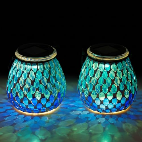 Starsoul 2 Pack Solar Lanterns Outdoor Waterproof, Elegant Blue Glass Mosaic Solar Lantern, Solar Hanging Lights Outside Patio Porch Yard Decor - color: Navy-2PC