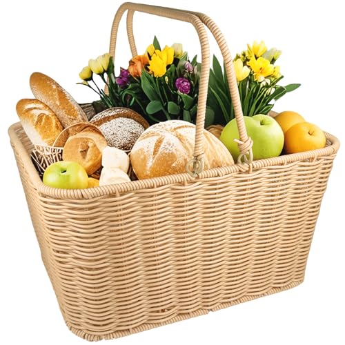 Large Picnic Basket with Foldable Handle – Perfect for Outdoor Picnics, Bike Rides, Garden Harvest & Home Decor (Beige) - color: Beige