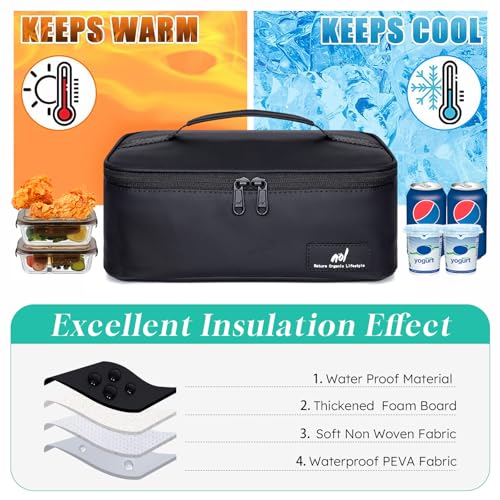 NOL Natural Organic Lifestyle Insulated Lunch Bag for Adults – Compact Cooler Lunch Box with Food-Grade Lining, Waterproof Lunch Bag for Work, Travel | Portable Thermal Meal Tote with Handle, Black - color: Black, size: Small (4.5 Liters)