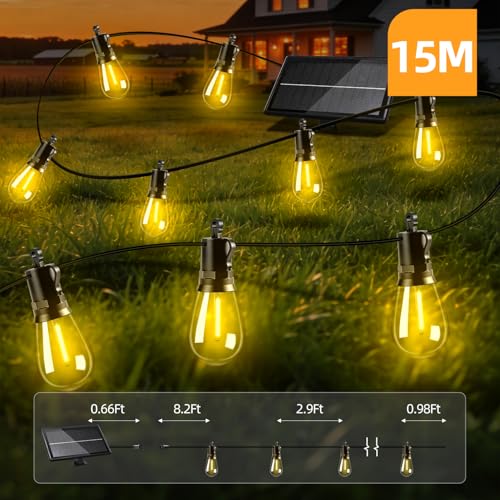 Solar Lights Outdoor Patio Lights: S14 15M 50FT Solar Powered Remote Control 3 Light Modes Dimmable Solar Waterproof Light - Shatterproof Bulbs - Camping Backyard Garden Deck Outside Yard - style: 50FT-Remote