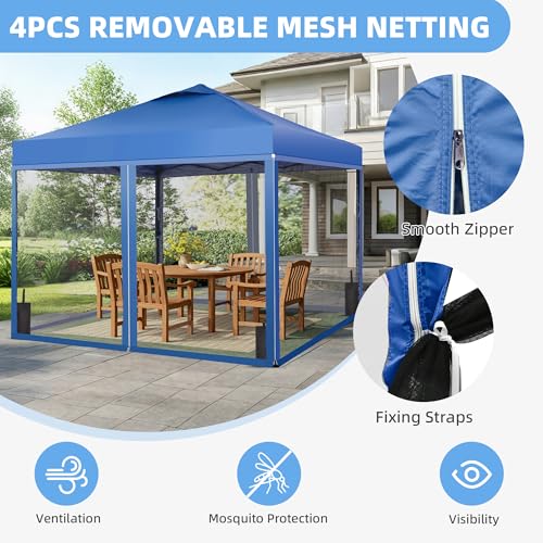 GDY 10x10 Pop up Canopy Tent with Mosquito Netting, Easy up Gazebo for Patio, Camping and Garden, Includes 4 Sandbags, Blue - color: Blue, size: 10x10 with Mosquito Netting
