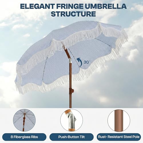 7ft Patio Umbrella with Fringe, Boho Beach Umbrellas, Outdoor Tassels Umbrellas with Push Button Tilt & Carrying Bag, 8 Windproof Fiberglass Ribs, UPF50+ - color: Blue & White Stripe