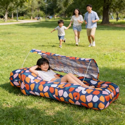 Inflatable Couch,Air Sofa with Sun-Shade Design,Built-in Storage,Ripstop Polyester&Stability Pegs,Portable Air Lounger for Beach,Easy to Carry,2 Inflation Ways(Included Pump) Colorful White - color: Colorful White