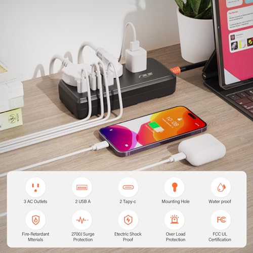 Outdoor Power Strip Weatherproof, IPX6 Waterproof Surge Protector with 3 AC Outlets and 2USB A&2USB C, 6FT Extension Cord, Wall Mountable for Indoor Outdoor, UL FCC Listed - size: 6FT, style: 3AC+4USB