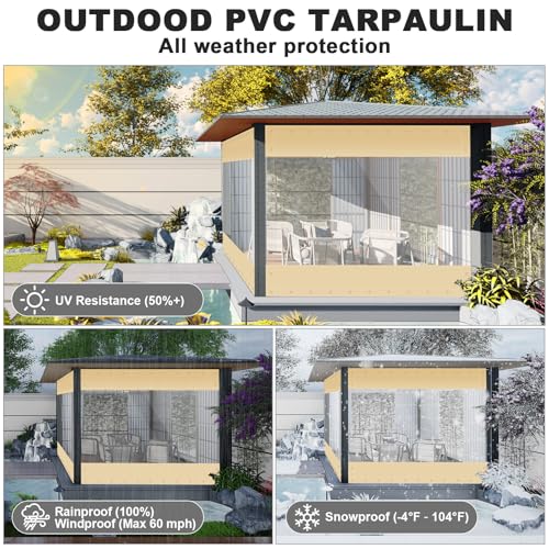 Clear Vinyl Curtains for Patio Enclosure, 23oz Heavy Duty Waterproof Anti-UV and Tear-Resistant Tarpaulin with Grommets, Weatherproof Panels for Porch, Pergola, Gazebo, Balcony, Outdoor - color: Khaki, size: 8'H X 8'W
