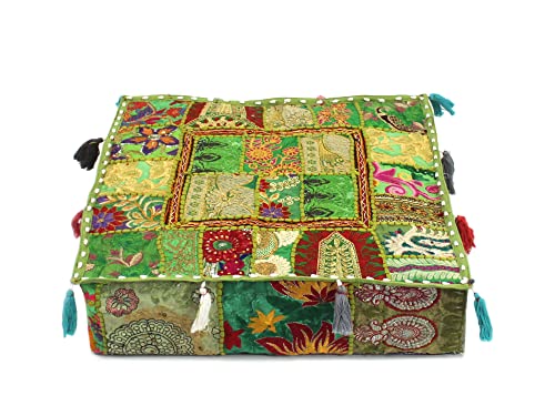 Mam Treasures Indian Bohemian Decorative Pillow Vintage Cushion Cover Patchwork Square Floor Pillow Cover Meditation Cushion Large Floor Pillow Indian Cushion (Light Green, 18 X 18 X 5 Inch) - color: Light Green, size: 18" x 18" (Pack of 1)
