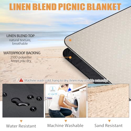 G GOOD GAIN Picnic Blanket Waterproof, Linen Feel Outdoor Blanket Extra Large - Foldable Beach Mat with Carry Strap for Camping, Park, Travel (White Flower) - color: White Flower