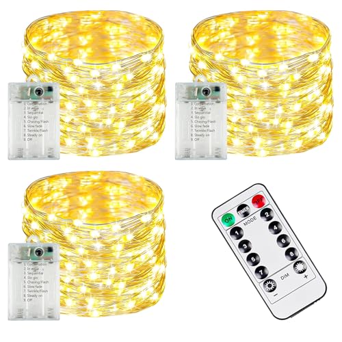 3-Pack 78FT 240 LED Fairy Lights Battery Operated with Timer & Remote, Waterproof Twinkle Lights Indoor Outdoor 8 Modes for Bedroom Centerpiece Wedding DIY Party Christmas Classroom Dorm Decoration - color: Warm White, size: 3 Pack 80led