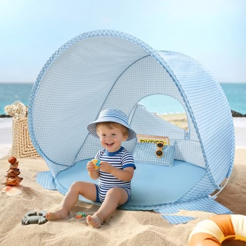 Tiny Land Baby Beach Tent – Pop Up Baby Tent with UV Protection, Portable Baby Beach Essentials, 35.4"x27.6"x31.5" Sun Shelter for Infants, Baby Summer Outdoor Use (Light Blue Gingham) - color: Light Blue Gingham