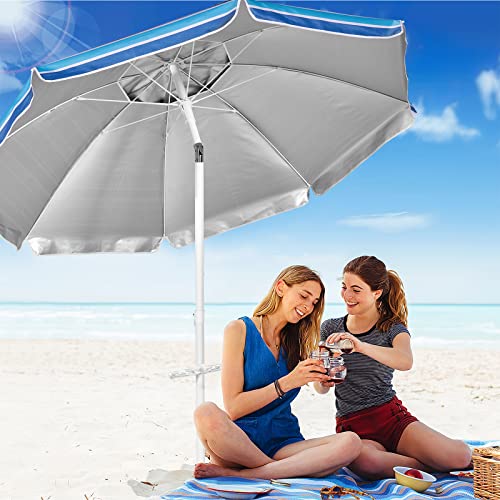 Aoxun 6.5ft Beach Umbrella with Tilt Pole, Portable Sand Anchor and Carry Bag, UPF 50+ Sun Shelter Air Vents Design for Outdoor Activities (Navy Blue & White) - color: Stripe Blue, size: 6.5ft