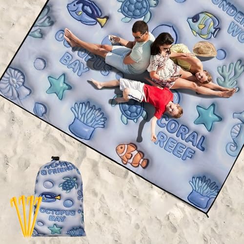 WIWIGO Beach Blanket Waterproof Sandproof Beach Mat 79" X 83"/10'x9'for 2-8 Adults Quick Drying Outdoor Picnic Mat Beach Accessories for Travel, Camping, Hiking - color: 3d - Ocean Light Blue, size: 79" X 83"（1-4person）
