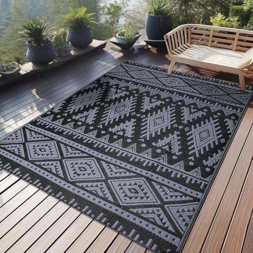 OLANLY Outdoor Rug Waterproof 4x6 ft, Reversible Outdoor Plastic Straw Rug, Boho Patio Rug, Indoor Outdoor Carpet, RV Mat Outside for Patio, Camp, Picnic, Balcony, Deck, Backyard, Black & Grey - color: Black & Grey, size: 4' X 6' (Rectangular)