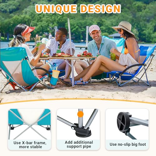 KingCamp Low Beach Chair Folding Portable Lightweight Backpack Chair for Adults with Cup Holder Pocket Carry Bag for Outdoor Camping Concert Festival Travel Sports Lawn Sand, Cyan - color: Cyan-low Back