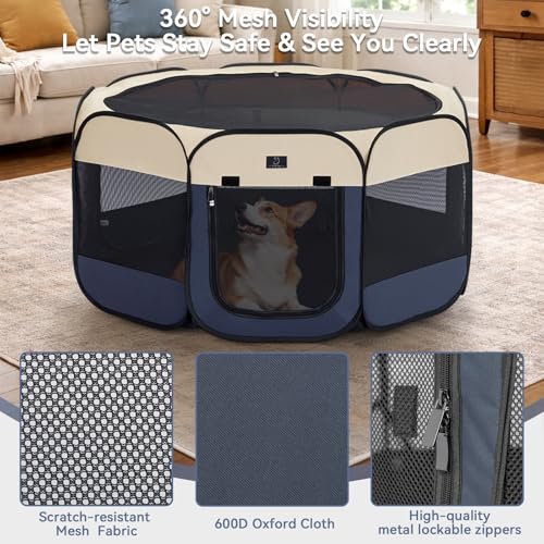 Dog Playpen for Small Dogs & Puppies, 50.39" Portable Indoor Outdoor Puppy Playpen with Bowl, Waterproof Floor, Foldable Pop-Up Pet Pen for Home, Travel & Daily Use, Blue+Beige - color: Blue+Beige, size: L(50.39"x50.39"x25")