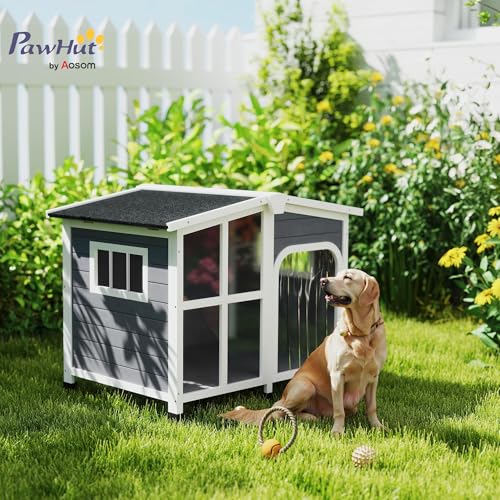 PawHut Outside Cabin-Style Wooden Dog House for Large Dogs with Openable Roof & Giant Window, Outdoor & Indoor Big Dog Shelter, Asphalt Roof, Gray - color: Gray