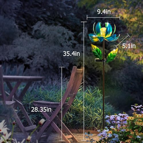Solar Yard Lights Wind Spinners- Metal Lotus Flower Garden Decor LED Crackle Glass Globe Yard Art Sculpture Solar Stake Lights for Patio Pathway Lawn Walkway - color: Blue