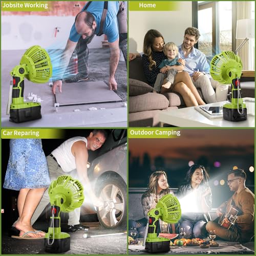 18V Cordless Fan Compatible with Ryobi 18V Battery, Battery Operated Fan for Camping with LED Light, Remote, 3 Wind/Brightness Modes, Timer for Tent Camping - style: Style 1