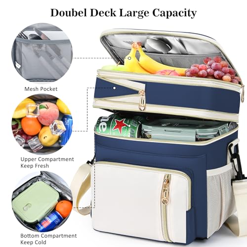 Lunch Box & Lunch Bag for Women Men, Large Insulated Adult Lunch Box Leakproof Lunchbox Cooler Bag for Work Picnic Beach,16L, Dark Blue & White - color: Navy Blue