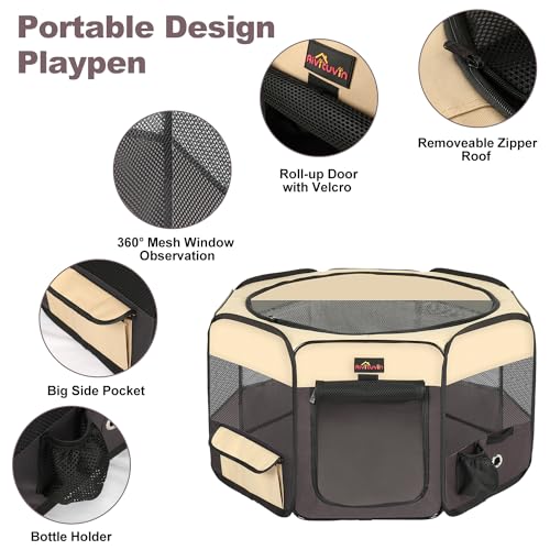 Aivituvin Dog Playpen, Foldable Pet Play Pens with Carrying Bag for Cat, Puppies, Rabbits, Portable Dog Tent Crates Cage for Travel Camping Indoor Outdoor, Removable Shade Cover, Brown S - color: BROWN, size: S