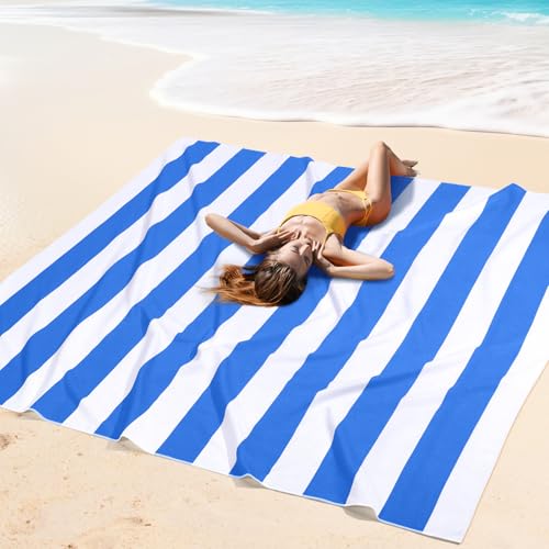 Peryiter Checkered Giant Beach Blanket 71 x 71 Inch Oversized Sandproof Towel Stripe Microfiber Quick Dry Lightweight Huge Blanket for Summer Hawaii Beach Travel Essentials Accessories(Blue) - color: Blue