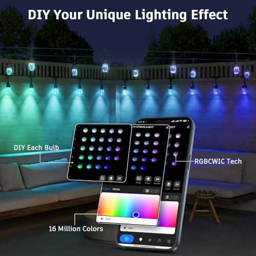 XMCOSY+ Smart Outdoor String Lights - 123ft RGBCWIC Patio Lights with 40 Color Changing Bulbs, LED String Light for Outside Backyard Bistro Party, APP WiFi Control, Work with Alexa, IP65 Waterproof - size: 123Ft-Acrylic Bulb
