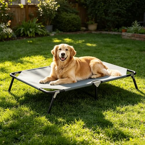 Folding Elevated Dog Bed for Large Dogs, Portable Raised Camping Outdoor Dog Bed, Washable Elevated Pet Beds with No-Slip Feet, Raised Cooling Pet Beds for Indoor & Outdoor Use, Grey, 44 Inches