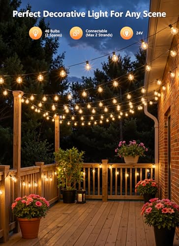 Brightown Outdoor String Lights, 100FT Shatterproof LED Patio Lights with 46 Dimmable Plastic G40 Bulbs, 2700K Waterproof Connectable Hanging String for Backyard, Cafe, Porch, Deck, Home Decor - size: 100FT - 46 Bulbs