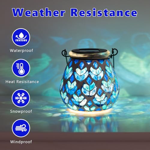 Stargarden Mosaic Solar Lanterns, Table Lamp for Garden ,Patio,Yard Decor Blue Glass Hanging Lantern Waterproof Outdoor Hanging Solar Lights - color: Blue