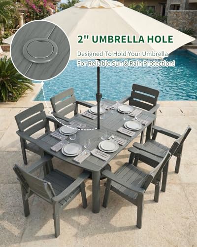 7-Piece Outdoor Dining Set, All-Weather HIPS Patio Table & Chairs for 6, Outdoor Furniture with Umbrella Hole, Ideal for Garden, Poolside, Backyard, Deck, Dark Gray - color: Dark Gray, size: 7 Pcs (1t+6c)