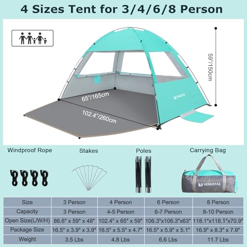 Venustas Beach Tent Sun Shelter for 3/4/6/8 Person, UPF 50+ UV Protection Beach Canopy, Lightweight and Easy Setup Cabana, Portable Shade Tent - color: Crystal Mint, size: 3 Person