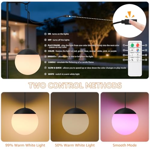 FUYO Rechargeable LED Camping Lantern, 2-Pack Garden Decor Lights Waterproof Outdoor Lanterns w/ Remote & 8 Colors, Hanging Ball Lights for Backyard Fence Pathway Porch Christmas Decorative
