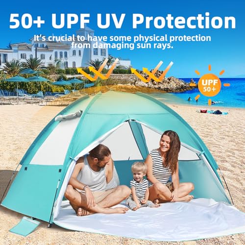 COVACURE 2026 New Upgraded Beach Tent Sun Shelter - UPF 50+ UV Protection Beach Shade for 3-4 Person, Waterproof & Lightweight, Easy Setup Portable Sun Canopy for Camping, Fishing, Beach (Green) - color: Green