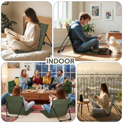 Jetec Foldable Floor Backrest Chair Portable Camping Chair with Storage Bag Light Weight Lazy Seat for Indoor Outdoor Bed Ground Park Lawn Concerts Beach Hiking - color: Army Green, size: X-Large