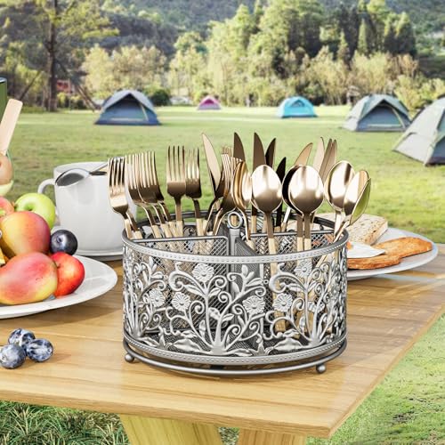 YIUKEA 360° Rotating Utensil Caddy - Silverware Cutlery Caddy Holder with 4 Compartment, Metal Flatware Organizer Countertop with Handle for Party Camping Picnic, Kitchen Counter, Office (Silver) - color: Silver
