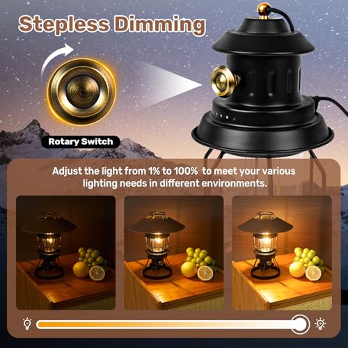 Metal LED Retro Camping Lantern, 2-in-1 Hanging/Standing, Dimmable, 3500mAh Rechargeable, Water Resistant, Brown - style: Retro Black
