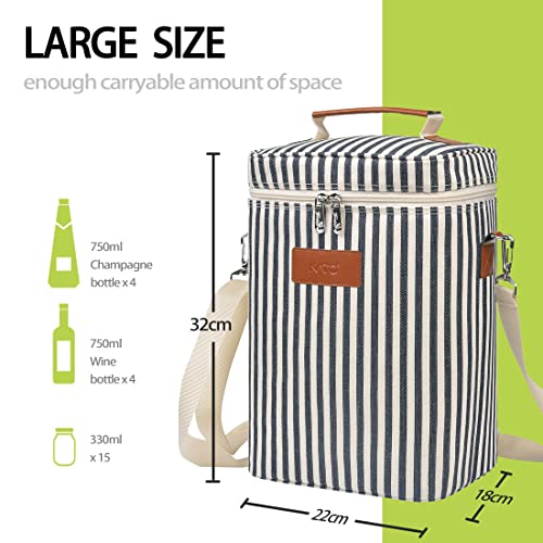 Tirrinia 4 Bottle Leakproof Insulated Wine Carrier Tote Bag - Padded and Portable for Travel, Restaurants, Tastings, Parties - Great Gift for Wine Lovers, Stripe Pattern - color: Blue Stripe, size: 4 Bottle-without front pocket
