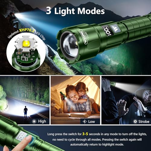 WdtPro LED Rechargeable Flashlight 2 Pack, 3 Modes Super Bright High Lumens Flashlights, Zoomable Tactical Flash Light with LCD Display, IP65 Waterproof Flashlights for Home Emergency Camping - Green - color: Green