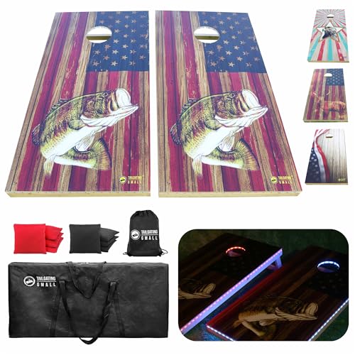 LED Cornhole Board Set 4FTx2FT Solid Wood Regulation Size Cornhole Set with LED Lights Includes 8 Cornhole Bags for Adults (USA Flag & Fish, 4'x2')