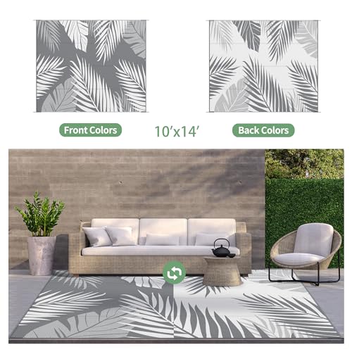 GENIMO Outdoor Rug 10' x 14' Waterproof for Patios Clearance, Reversible Outdoor Plastic Straw Camping Rug Carpet, Large Area Rugs Mats for RV, Camper, Deck, Balcony, Porch, Beach, Picnic, Grey&White - color: Grey & White | Waterproof, size: 10' x 14' (Re