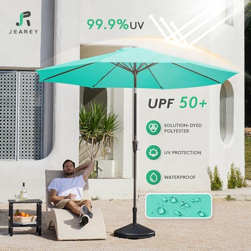 JEAREY 9FT Outdoor Patio Umbrella Market Umbrella with Push Button Tilt and Crank, Outdoor Table Umbrellas 8 Sturdy Ribs UV Protection Waterproof for Garden, Deck, Backyard, Pool (Teal) - color: Teal