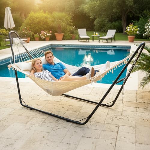 ONCLOUD Hammock with Stand, Double-Barrel Hammock with Hammock Bed, Heavy Duty Adjustable Hammock Set for Outdoors, Patio, Yard, Garden, 550 LBS (Beige) - color: Beige