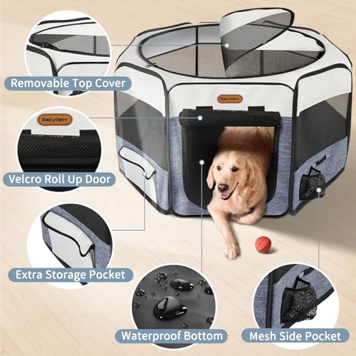 Seiyierr Dog Playpen, Portable Pet Play Pen Foldable Carrying Case, Puppy Pens Outsid for Small Cat Indoor/Outdoor, Removable Mesh Shade Cover - color: Blue, size: Large