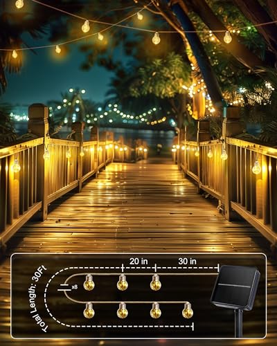 Brightown Solar String Lights Outdoor, 30Ft Vintage Hemp Rope Solar Patio Lights with 15 Shatterproof Bulbs, 8 Light Modes Waterproof Hanging Lights for Backyard Fence Café Bistro Decor, Warm White - size: 30FT G45