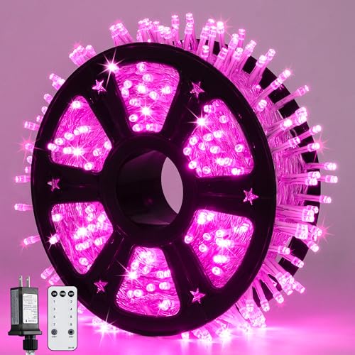 JMEXSUSS Pink Christmas String Lights 600 LED 168ft Remote Timer Clear Wire Pink Fairy Lights for Romantic Dinner Bedroom Tree Outdoor Patio Wedding Party Christmas Room Decor - color: Pink, size: 600 LED
