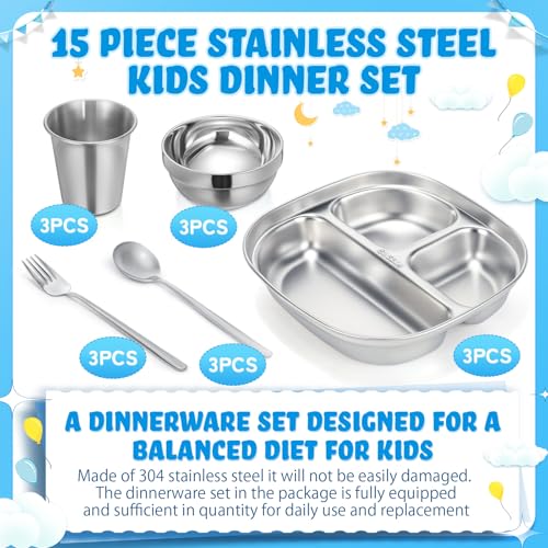 Tioncy 15 Pcs Stainless Steel Kids Dinner Set, Bowls, Balanced Bites Divided Plates, Cups, Spoons and Forks, Stainless Steel Lunch Plates Dinnerware Set for Kids Toddlers