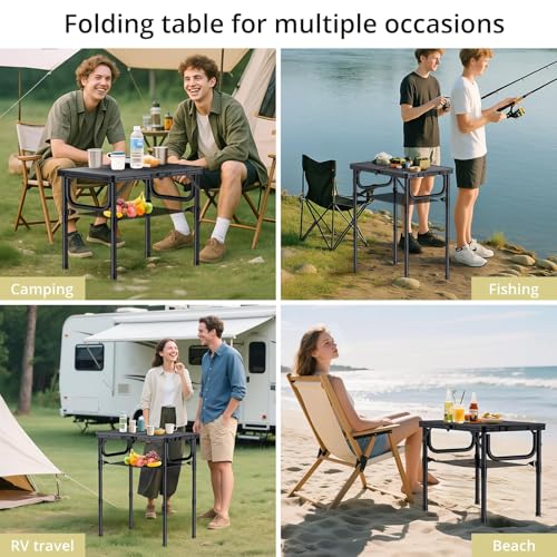 Anbte Folding Camping Table with Storage Net, Pure Black Aluminum 2ft Picnic Table 23.2" x 16" Outdoor Table Adjustable Height Max 27.5", Lightweight, Waterproof, Portable Handle for Travel Cooking - color: Pure Black, size: 24"L x 16"W x 27.5H"